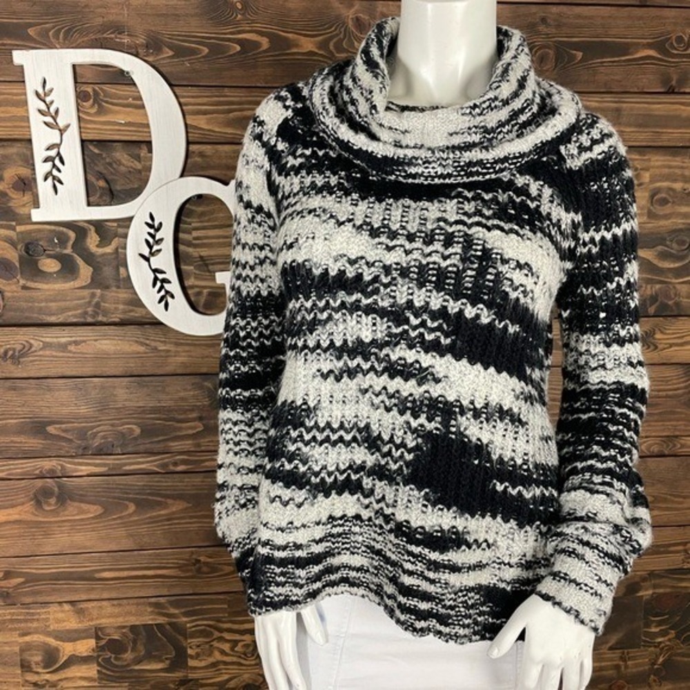 A.n.a | Chunky Knit Cowl Neck Sweater High Low Split Hem Marled‎ Oreo Knit